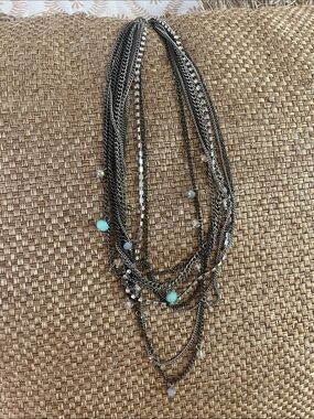 Multi-Strand Gunmetal Necklace with Turquoise Accents - Women Jewelry